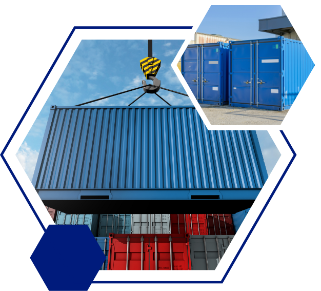 Stacked blue shipping containers in Michigan — clean, organized yard. Call (517) 331-9399 for delivery.