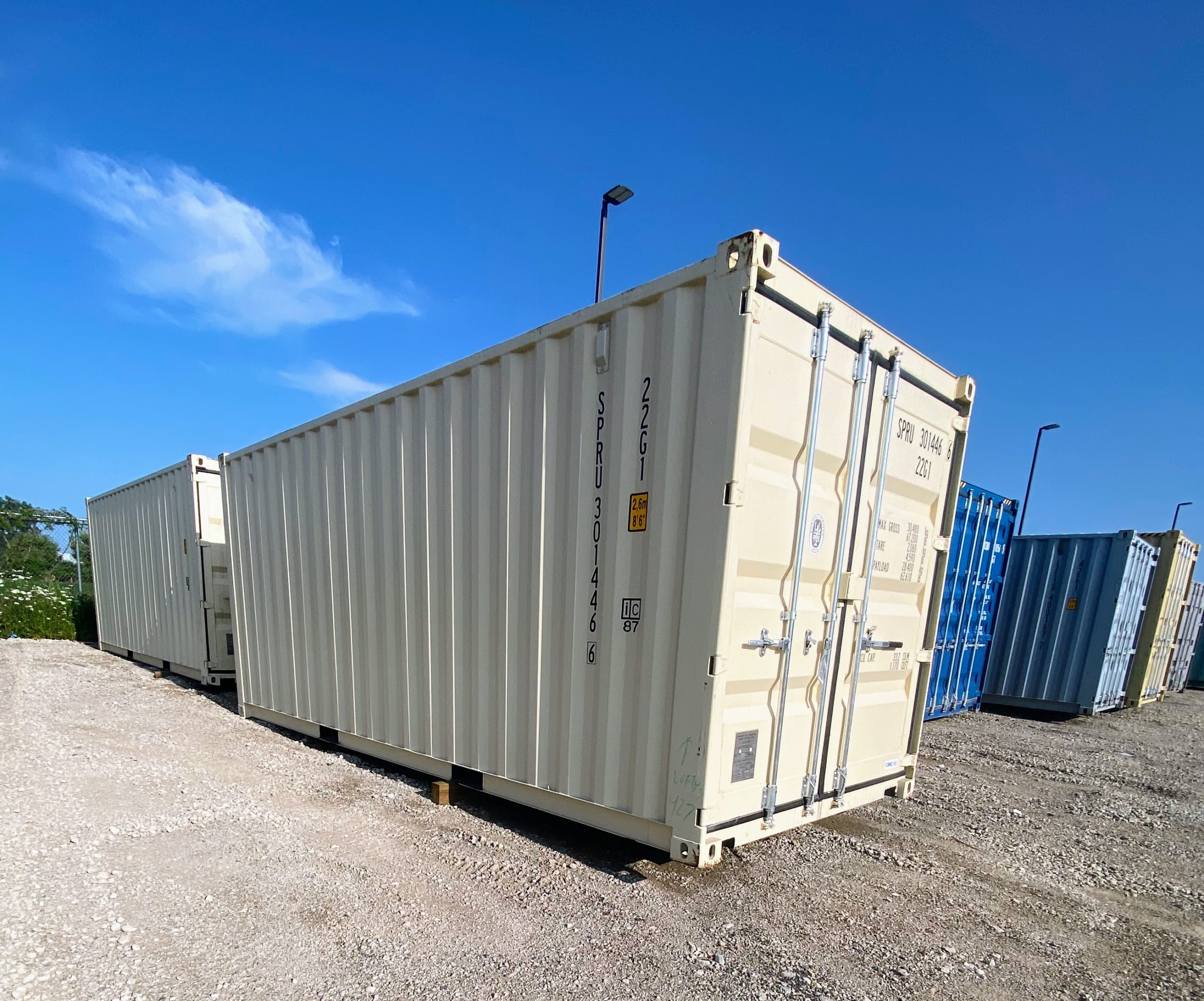 20‑Ft weatherproof steel storage container placed on Michigan site. Lockable and secure. Call (517) 331-9399 for fast de